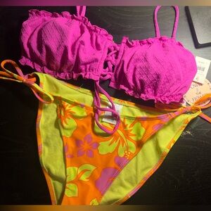 Pink Ruffle Bandeau Bikini Top with Neon Floral Tie-Side Bottom